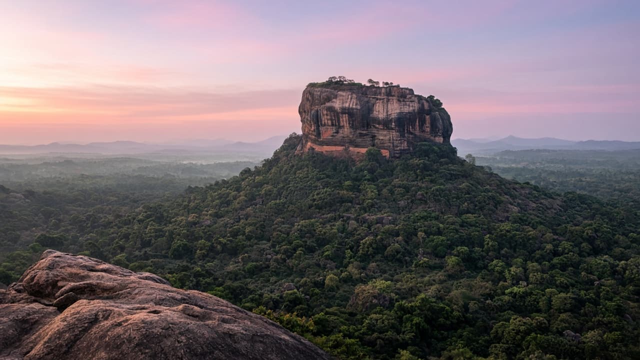 Sigiriya Lion Rock seen at sunrise from a nearby rocky viewpoint