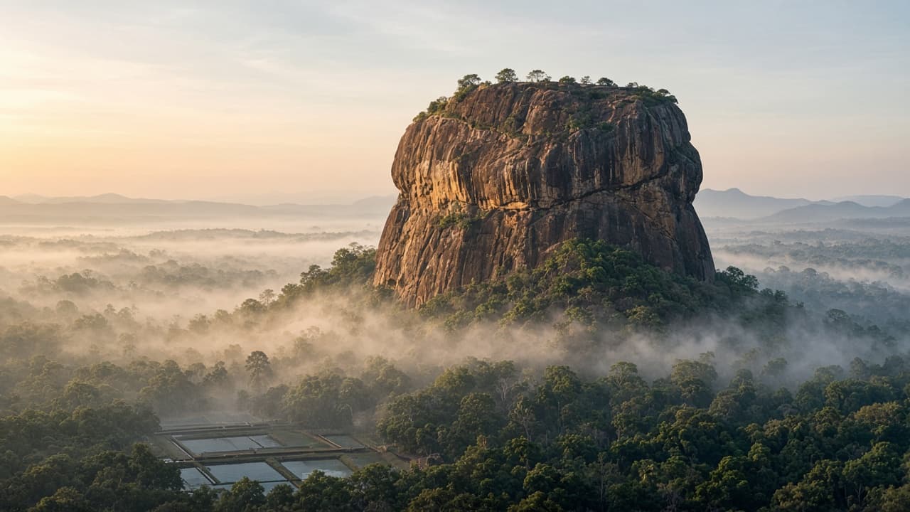 Sigiriya Lion Rock rising from the Sri Lankan jungle in morning light