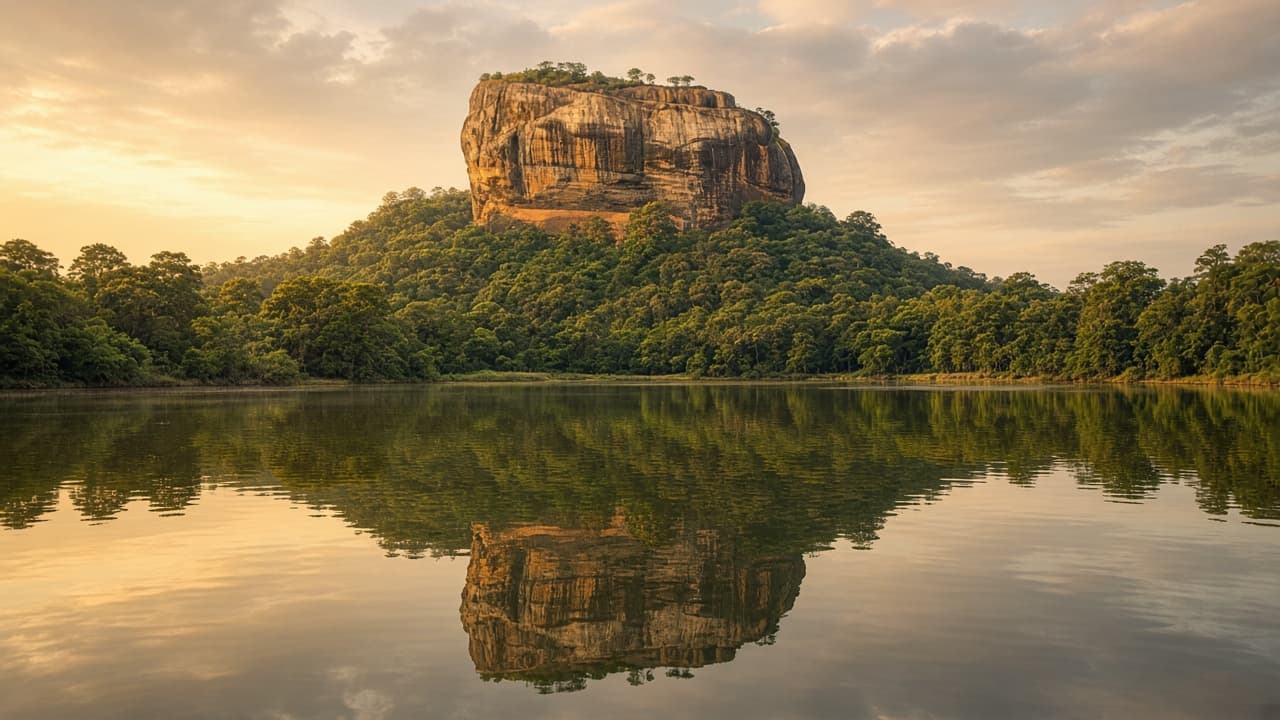 Sigiriya Lion Rock reflected in a calm lake at golden hour