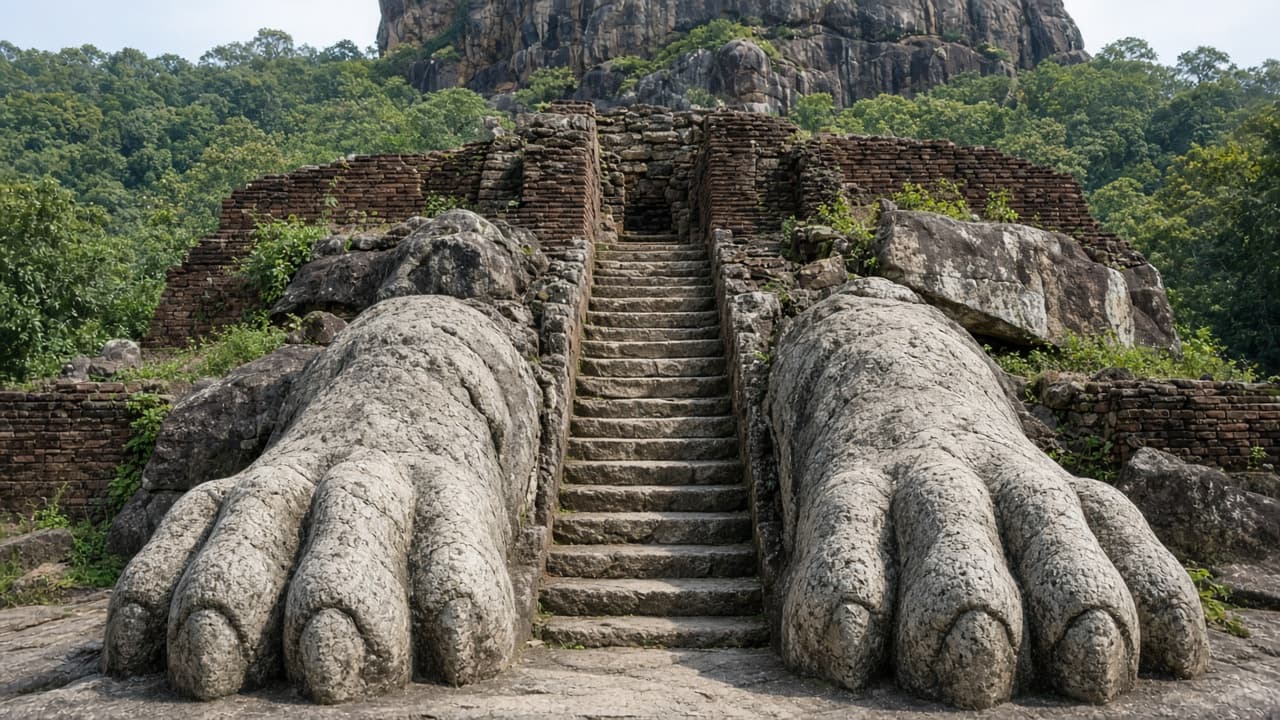 Carved granite lion paws flanking the final stair at Sigiriya