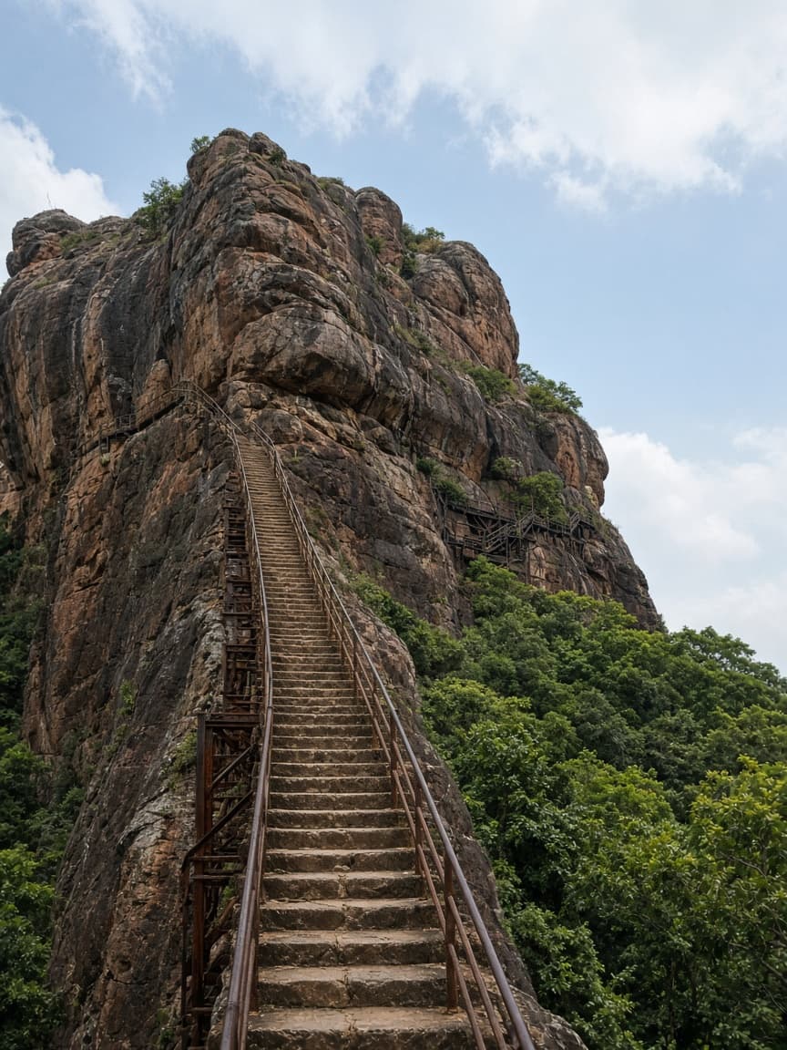 Steep stairway climbing the face of Sigiriya rock fortress