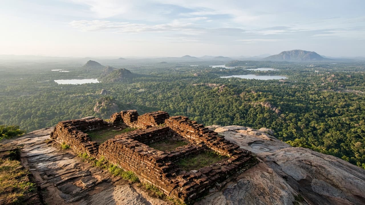 View from Sigiriya summit over forests lakes and distant hills