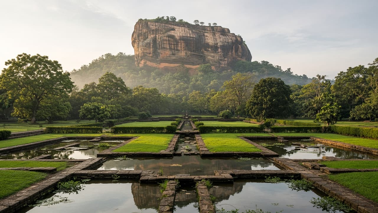 Sigiriya water gardens with geometric pools leading toward the rock