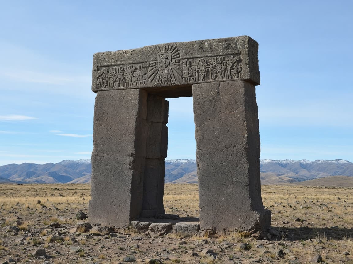Illustrative view of the Gate of the Sun at Tiwanaku, Bolivia