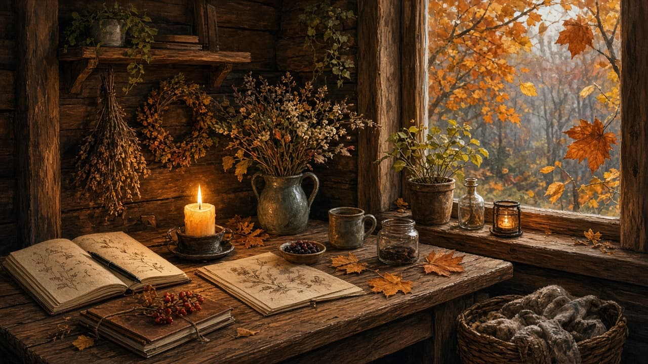 Illustrative quiet writing desk in an autumn cabin