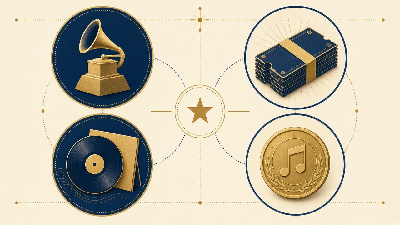 Educational illustration of awards trophies, tickets and catalog value motifs