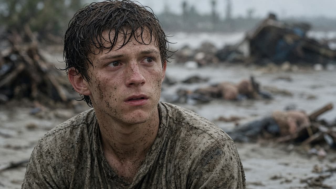 Illustrative scene of a teenage boy searching a flooded coastline
