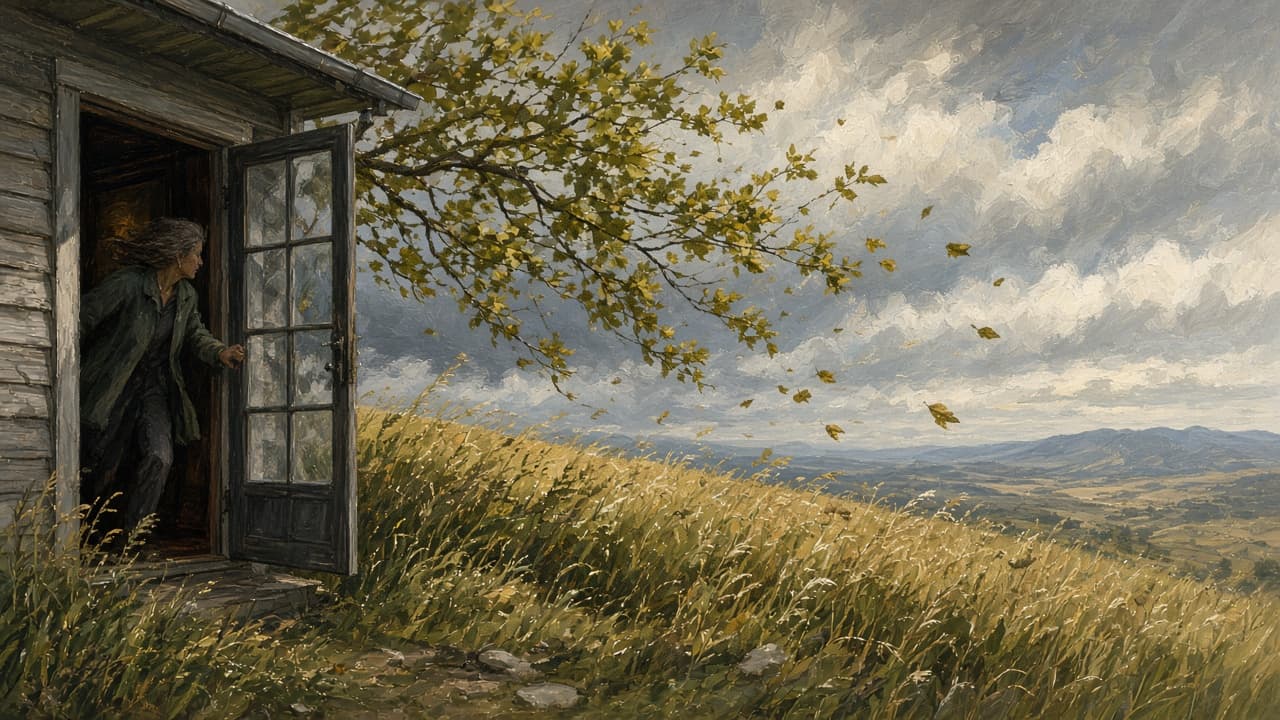 Wind from an open door bending trees and grass