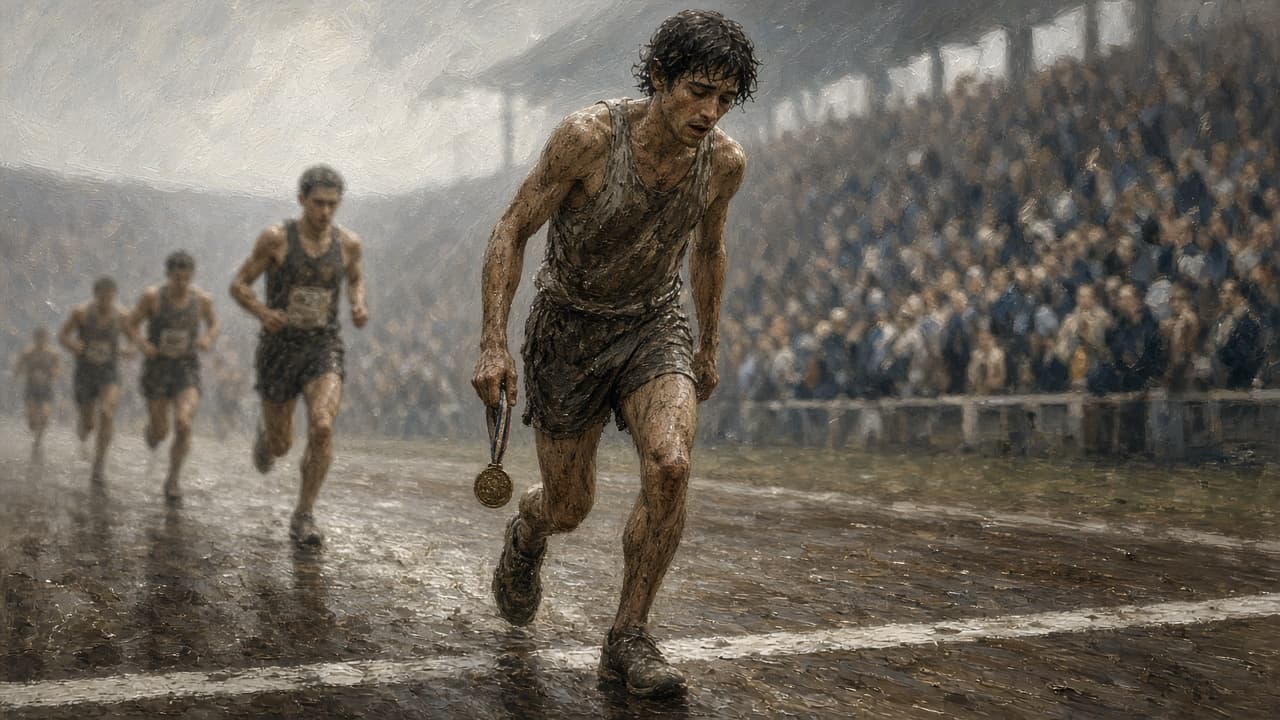 Victorious runner limping across the finish