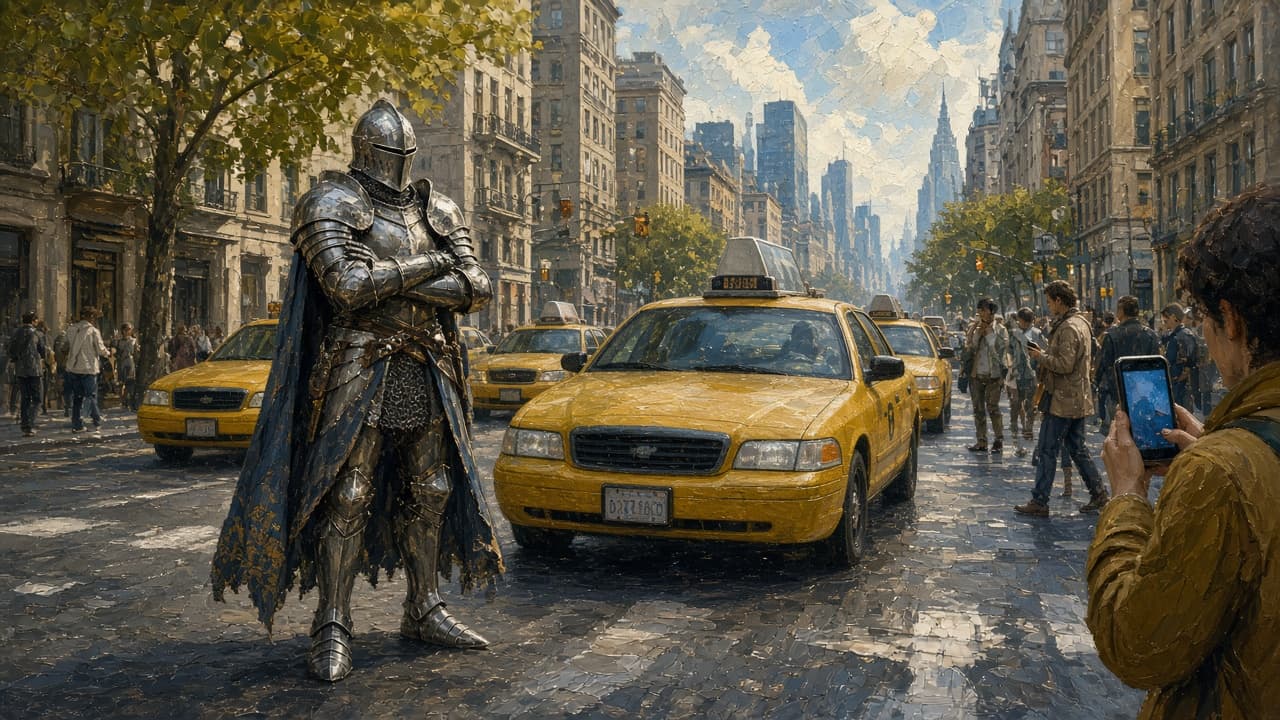 Knight in armor standing among modern taxis