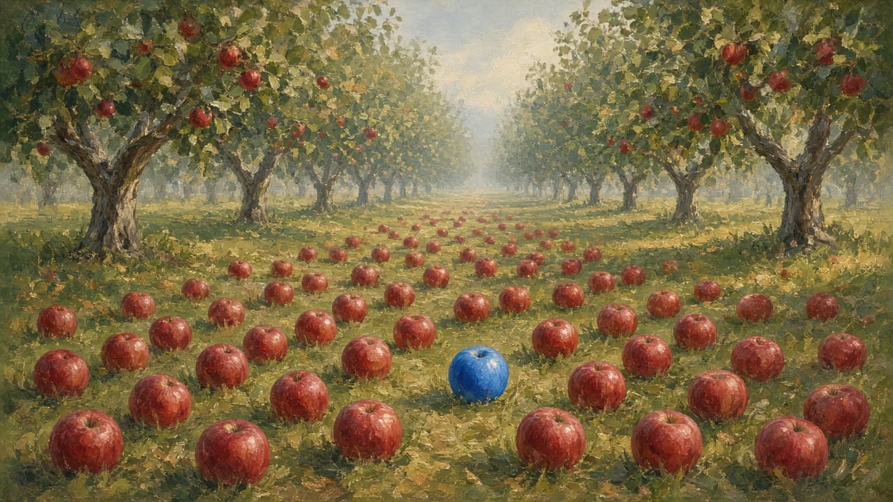 One blue apple among rows of red apples