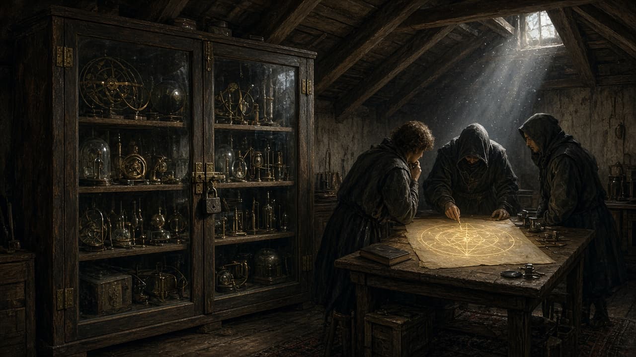 Initiates studying strange instruments in an attic