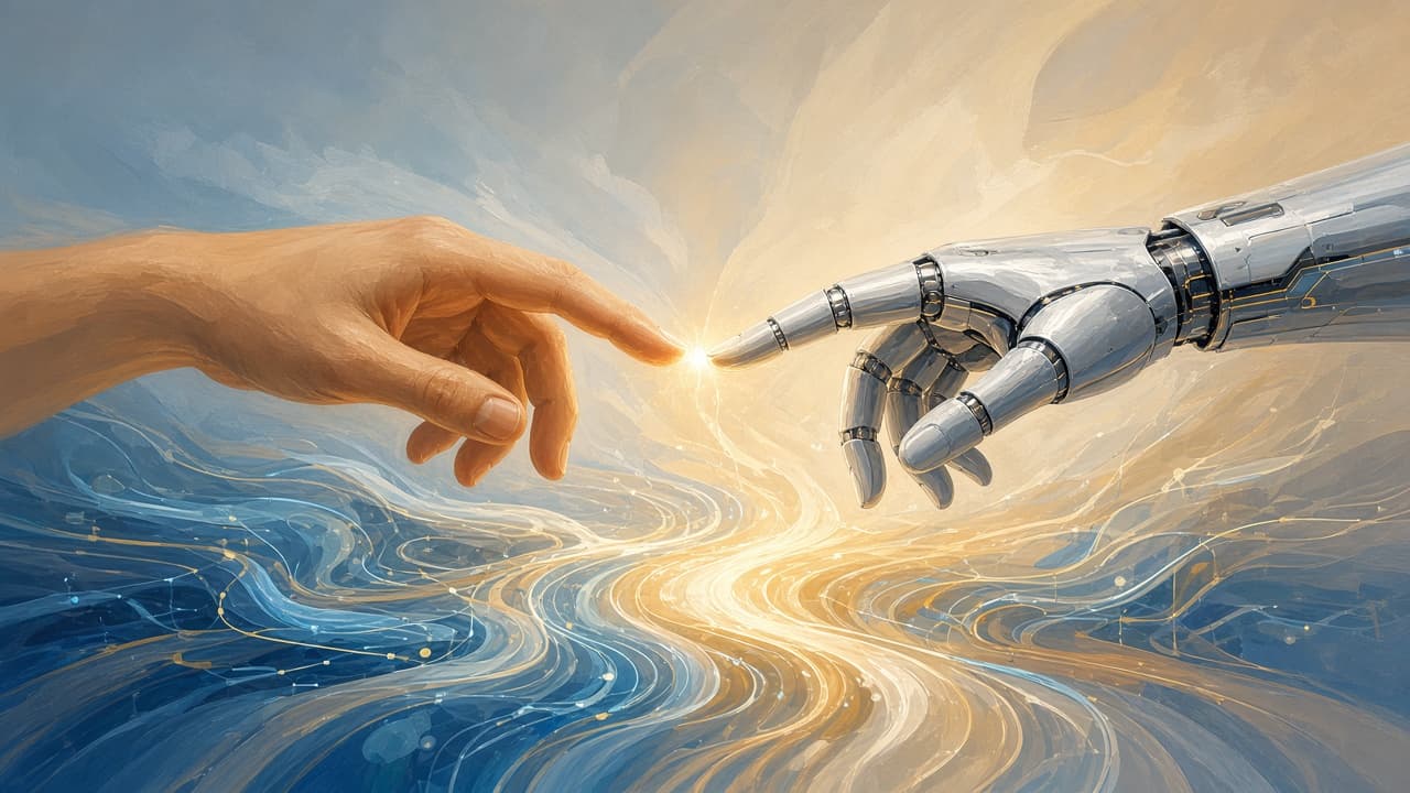 Human hand and robotic hand meeting over glowing circuit patterns