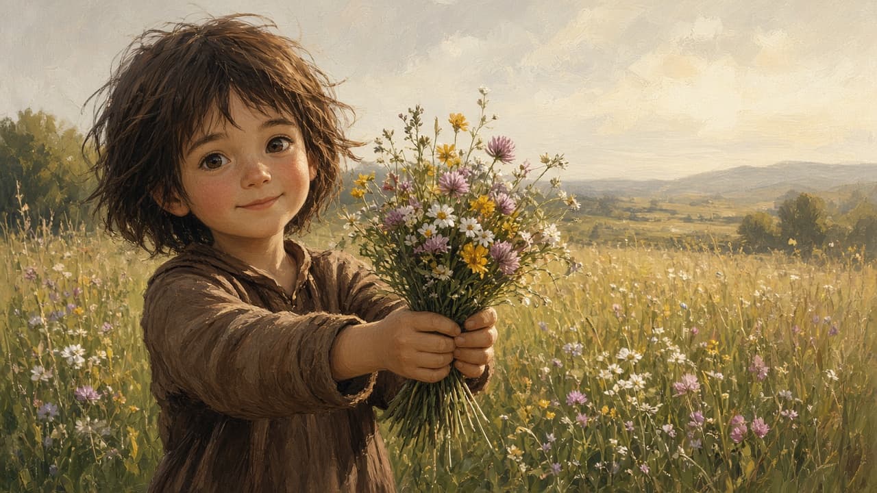 Child offering a handmade flower crown sincerely