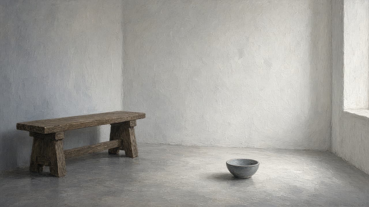 Bare stone room with one bench and candle