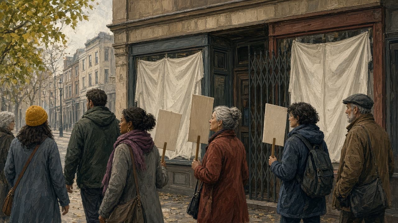 Customers turning away from a shop with covered windows