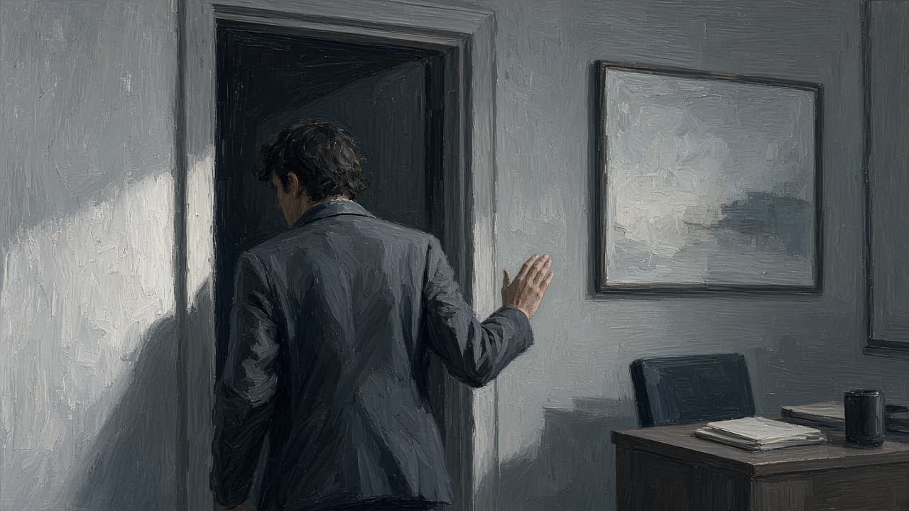 Clerk dismissing a visitor with a short wave