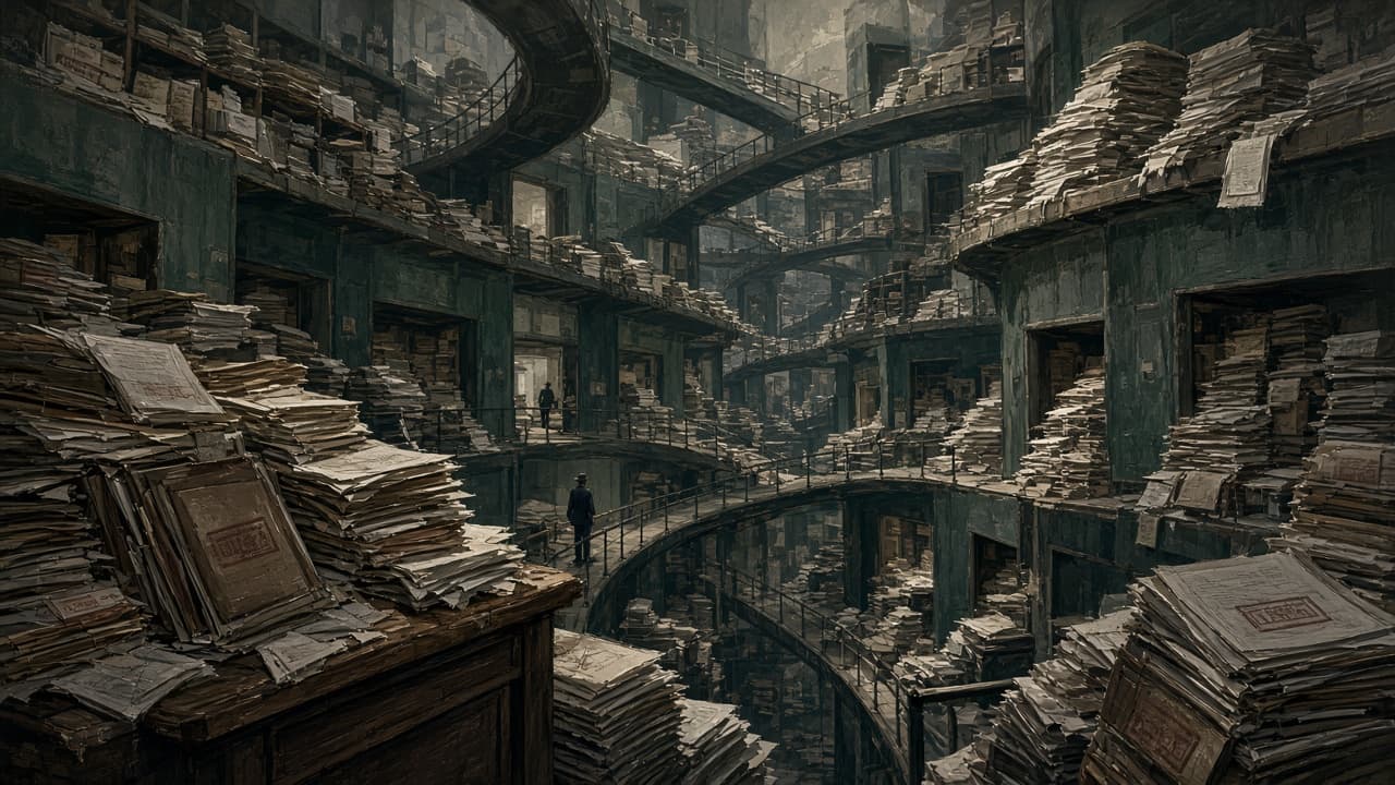 Maze of corridors filled with bureaucratic papers