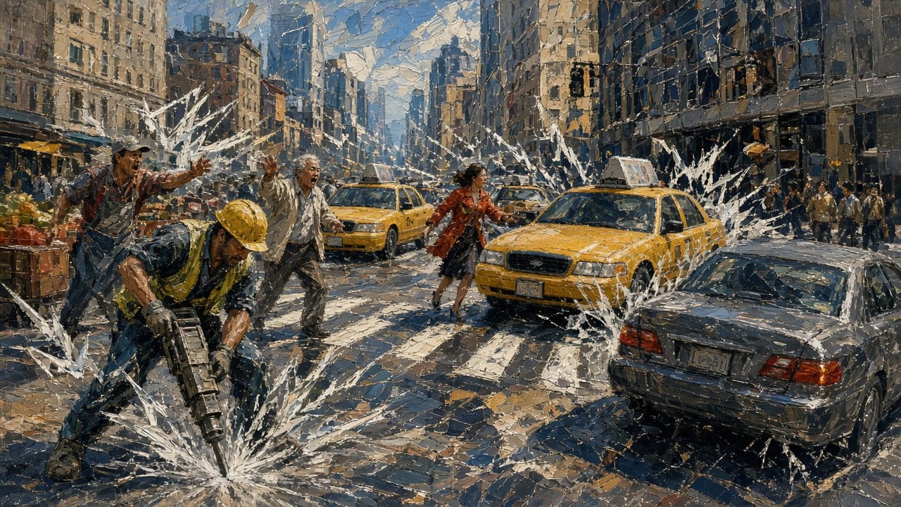 Chaotic street with clashing noise and machines