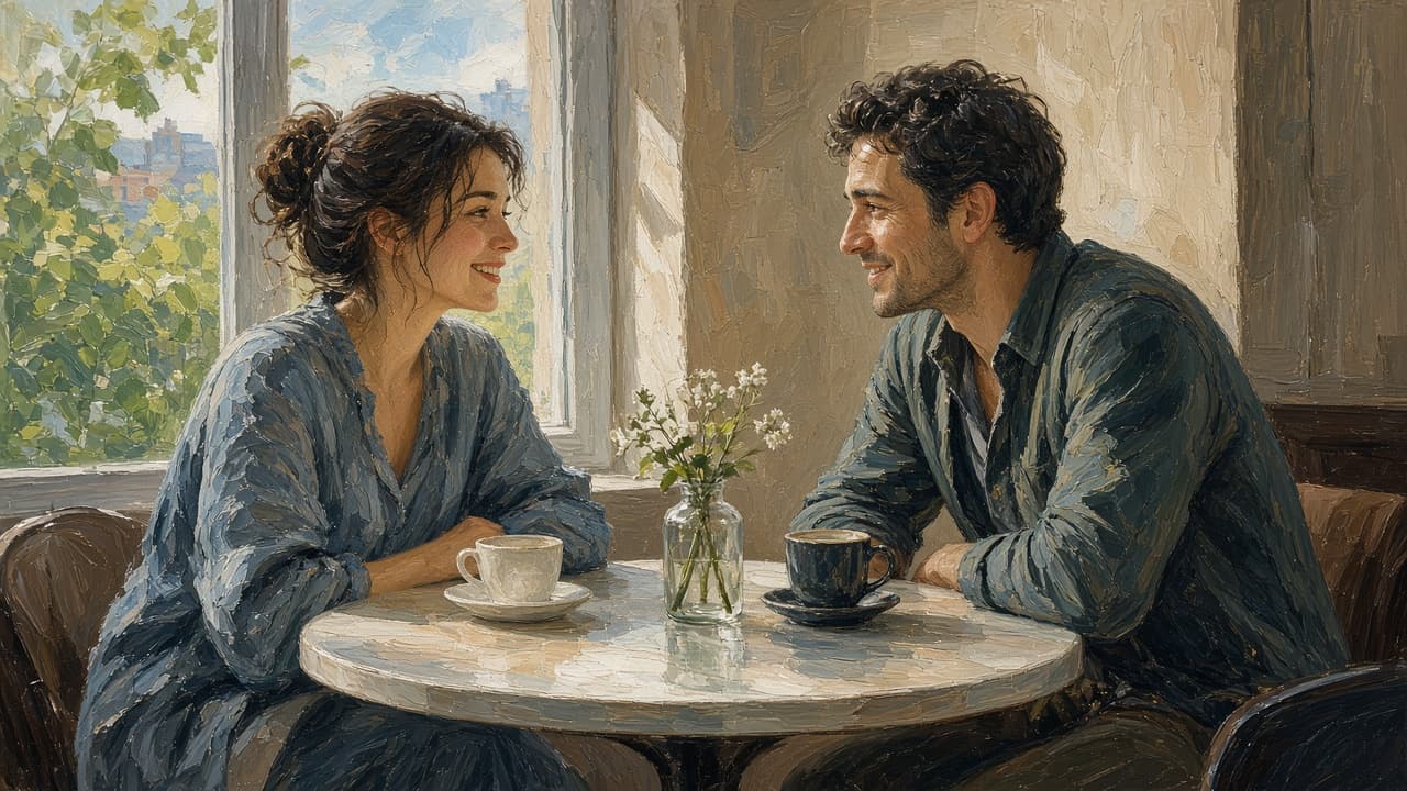 Two friends talking openly at a kitchen table