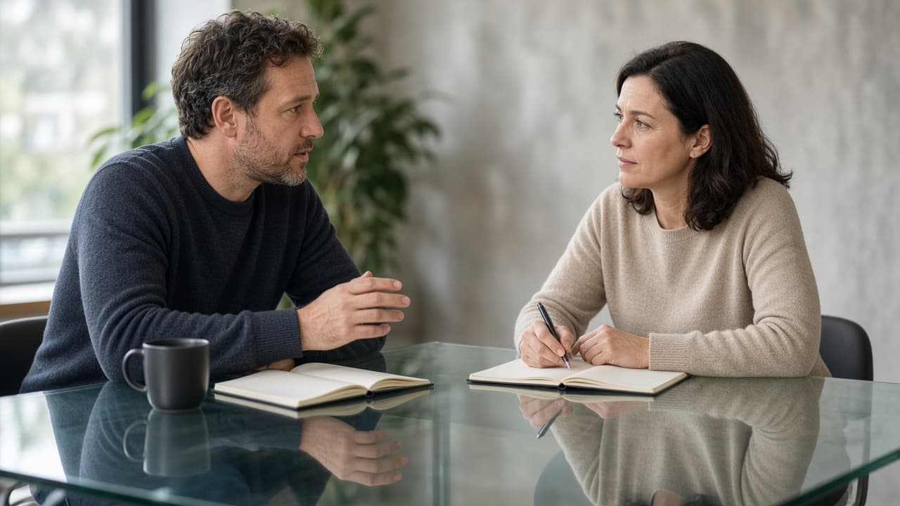 Two colleagues talking across a clear glass table with open notebooks