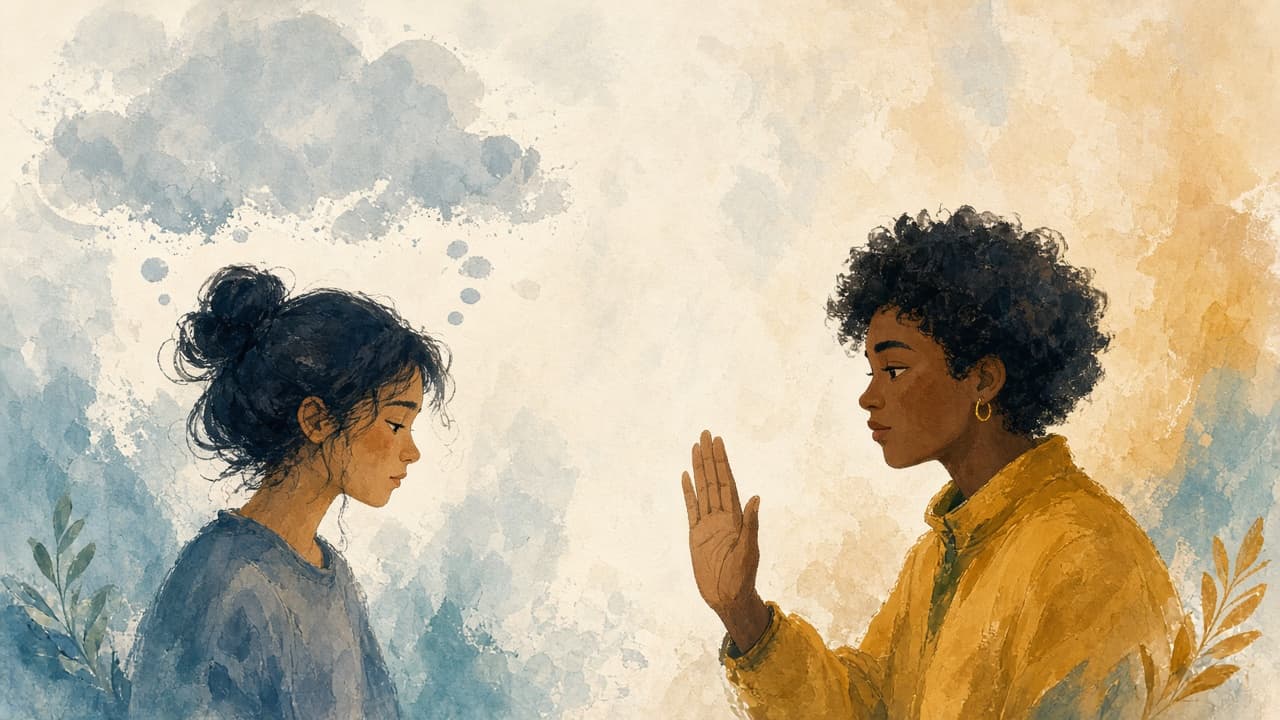 Speech bubble dissolving while a truth-telling gesture cuts through