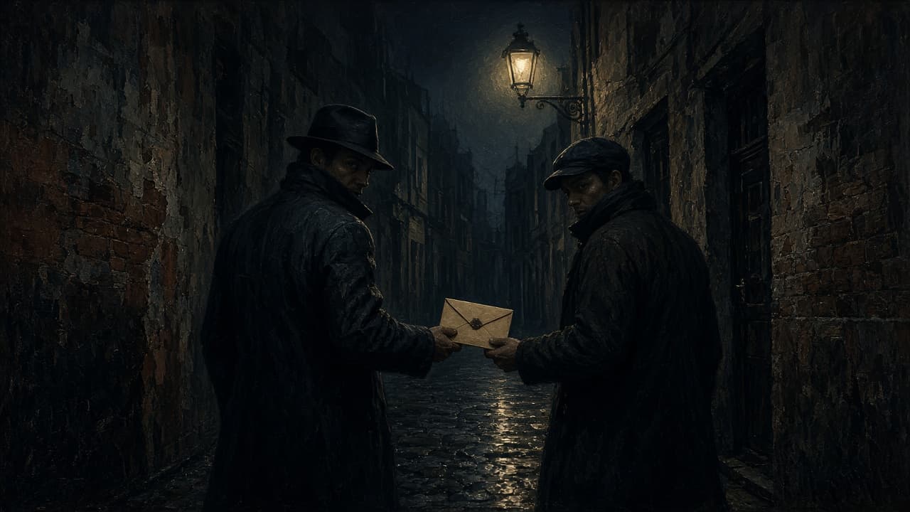 Two figures secretly exchanging an envelope at night