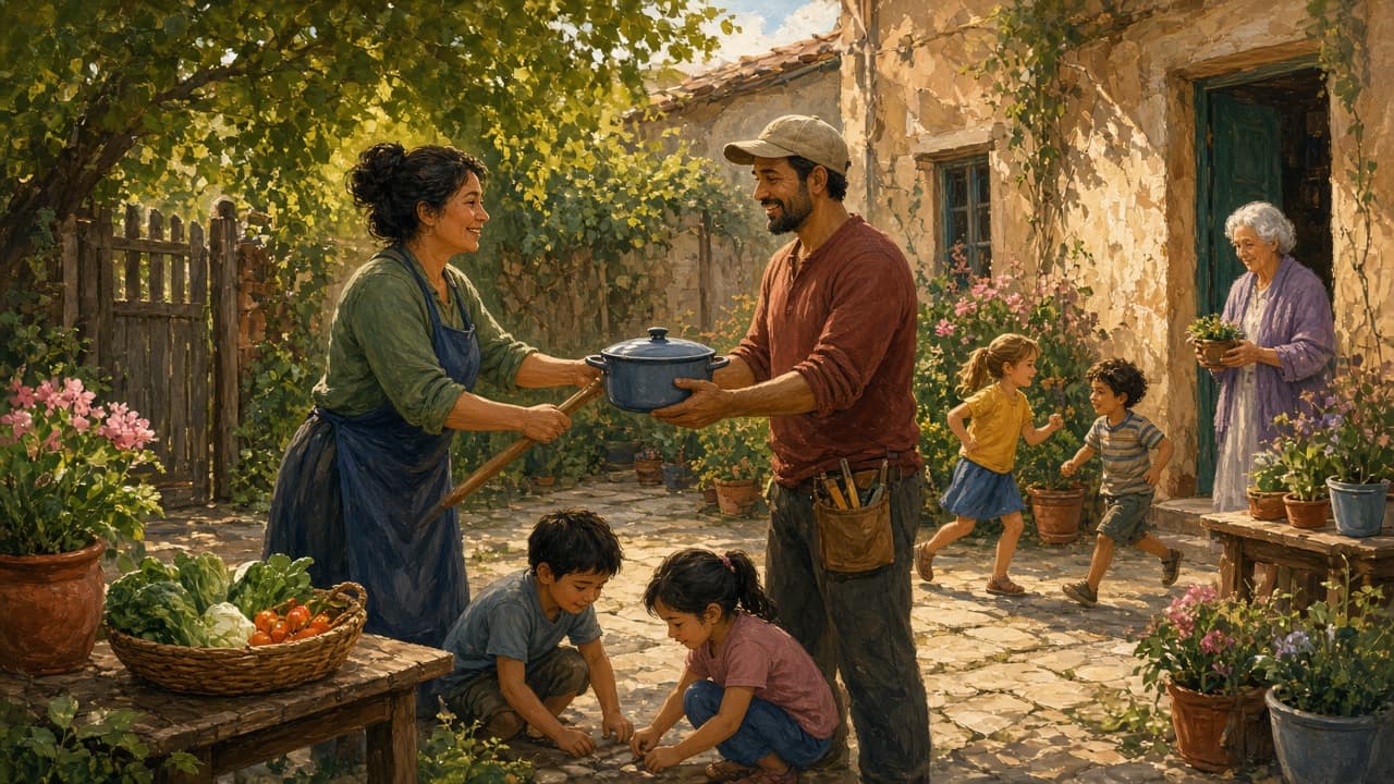 Neighbors sharing tools and food in a courtyard