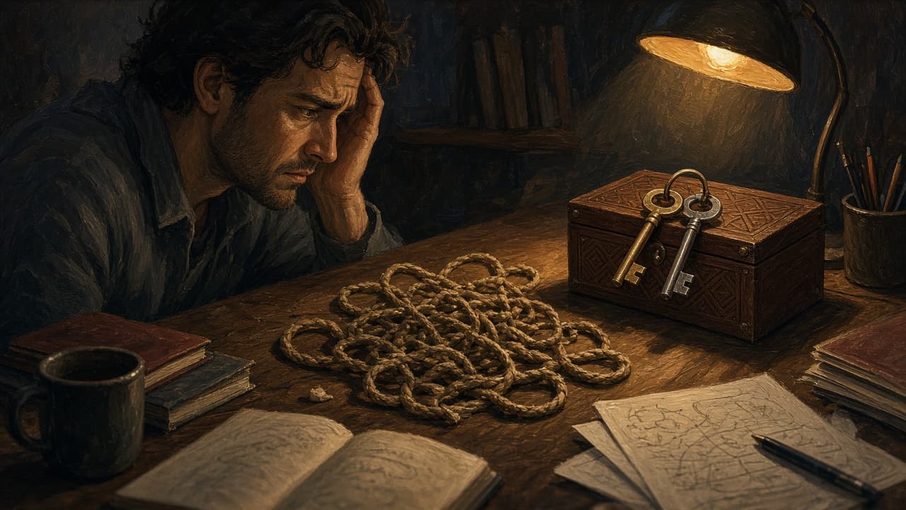 Person stuck before a knotted puzzle and odd keys