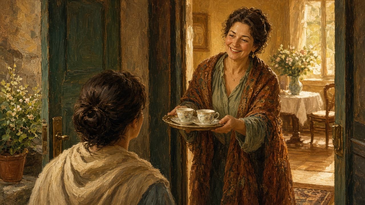 Host warmly welcoming a guest at a doorway