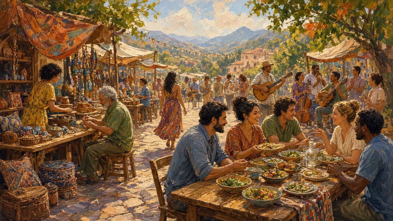 Market stalls with crafts, instruments and shared meal dishes