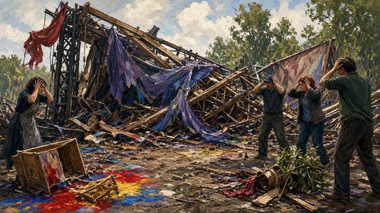 Collapsed stage props and a shocked crew