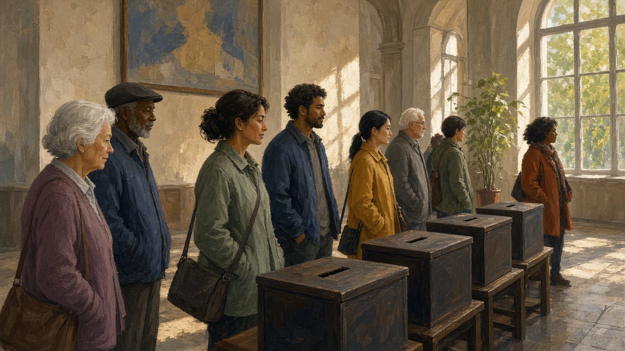 Voters lining up beside ballot boxes in a public hall