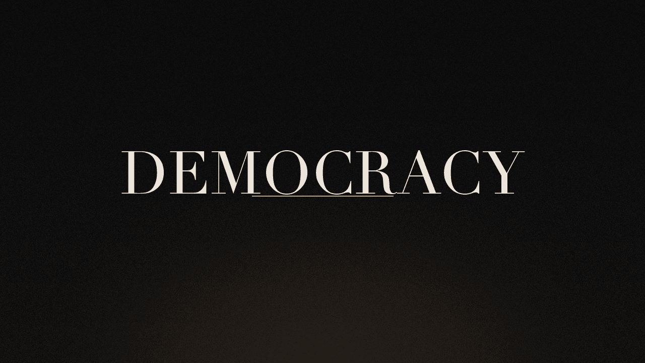 Editorial graphic of the word democracy