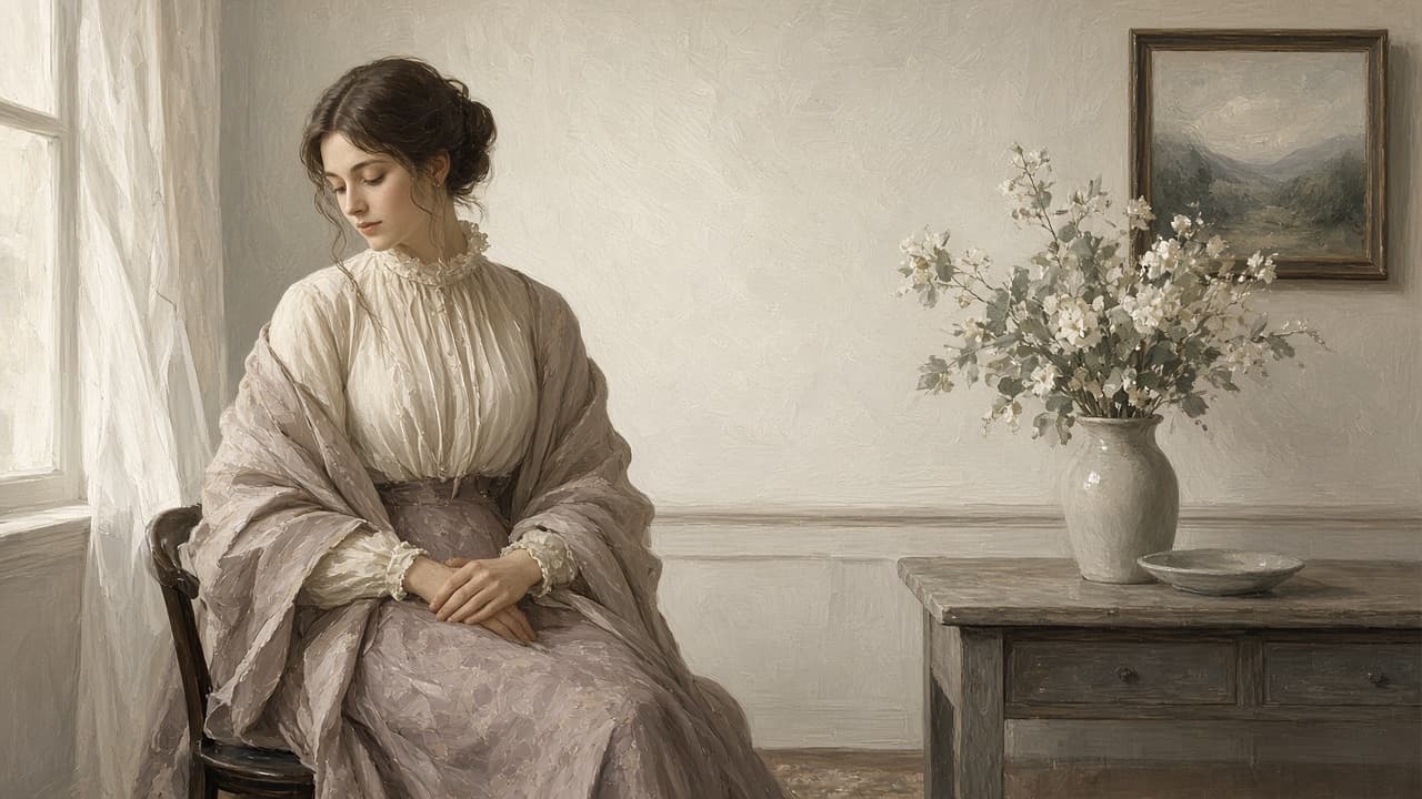 Softly dressed figure with lowered eyes and folded hands