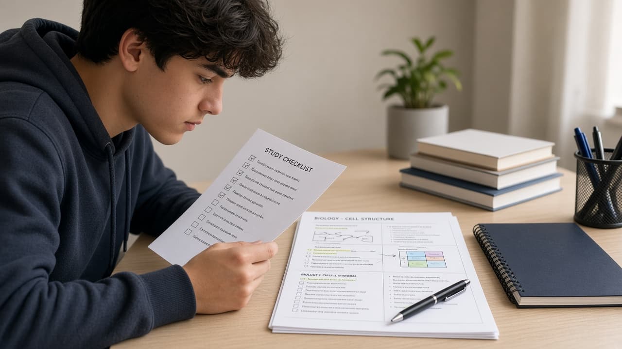 Student checking a checklist beside neatly organized study notes