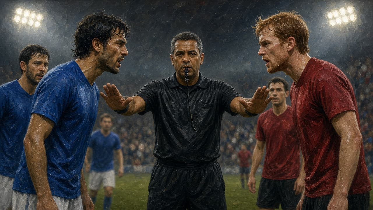 Referee standing impartial between two arguing teams