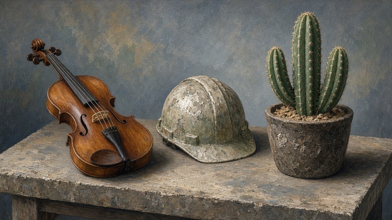 Violin, hard hat and cactus placed side by side