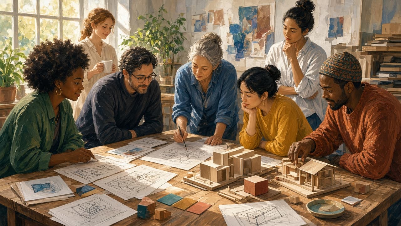 Mixed group collaborating around one large worktable