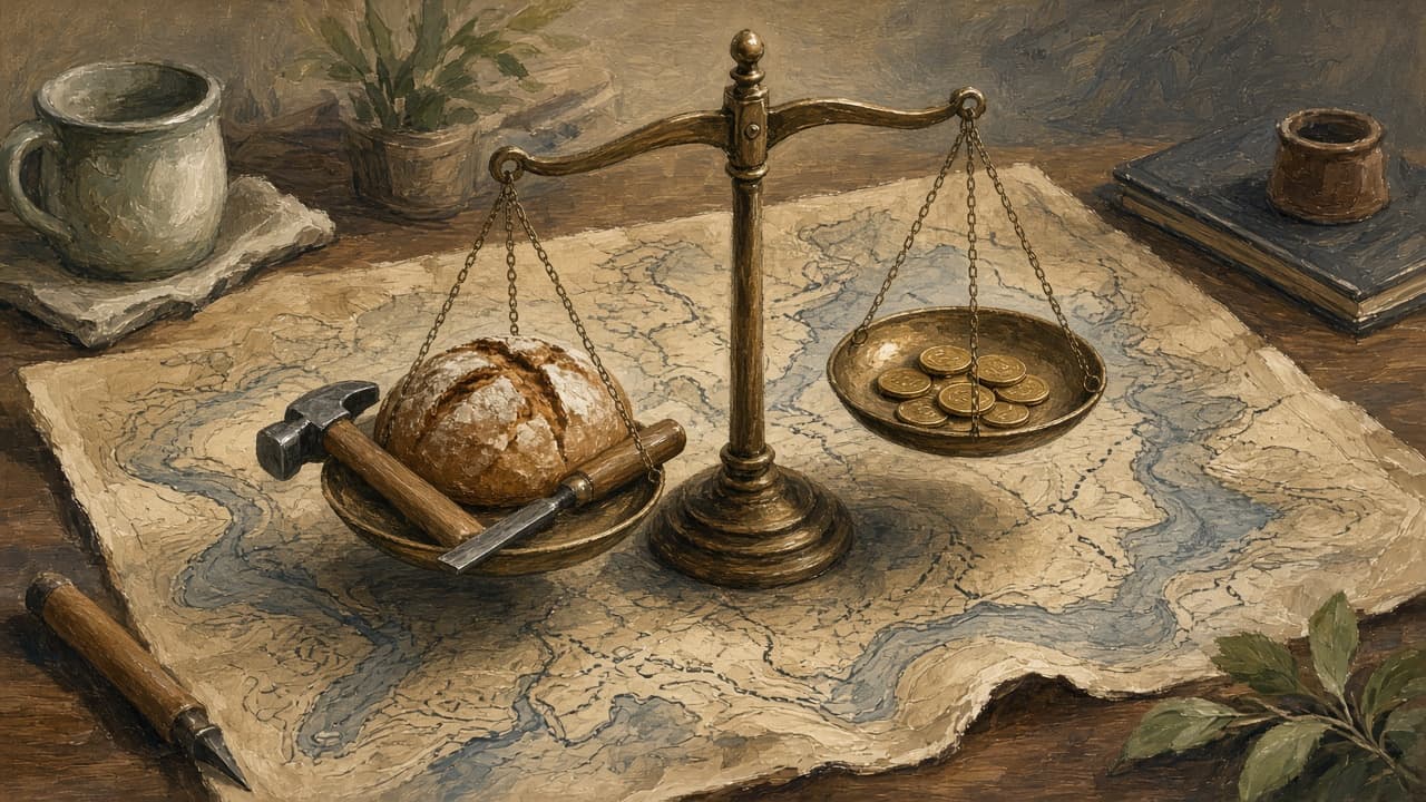 Scales balancing goods against limited coins on a map