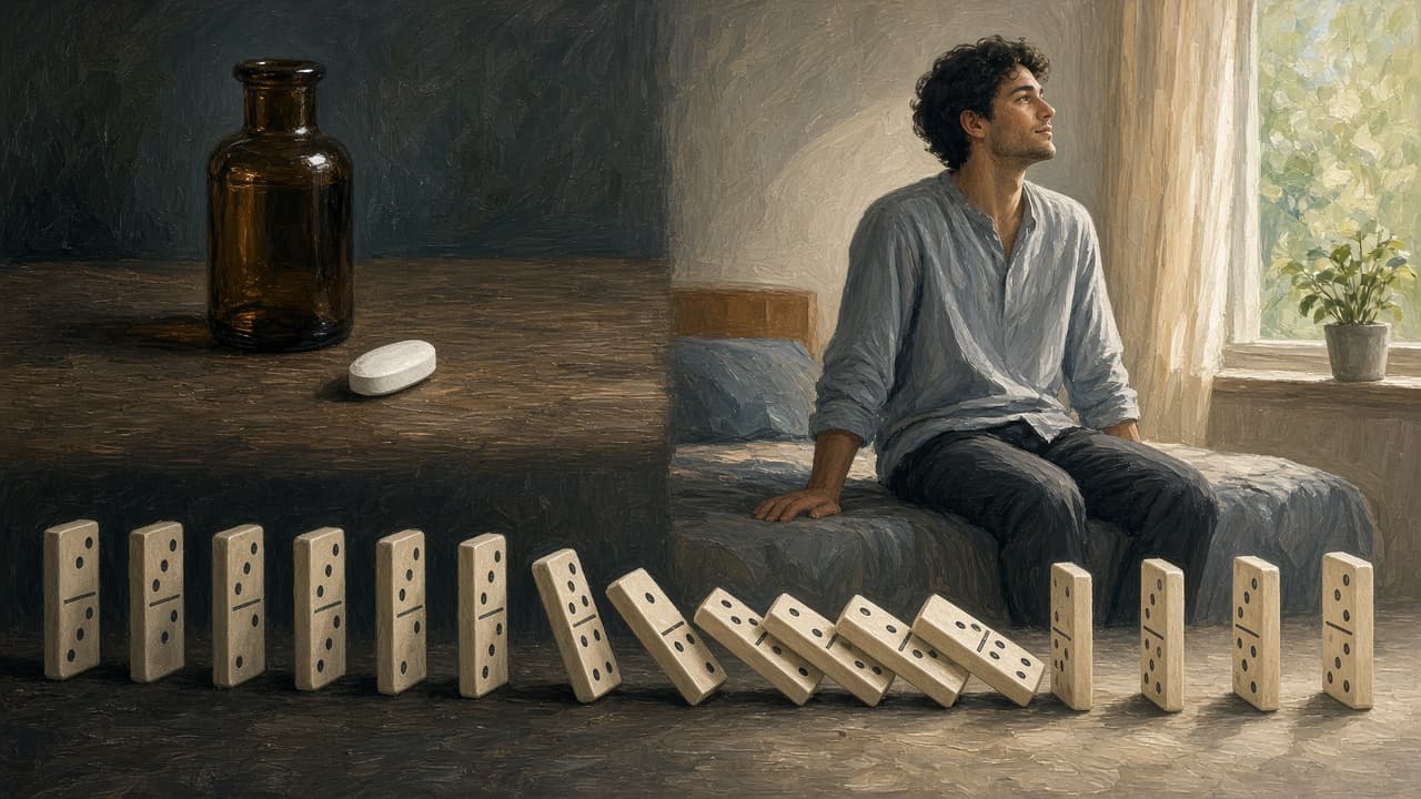 Medicine bottle leading to recovery beside falling dominoes
