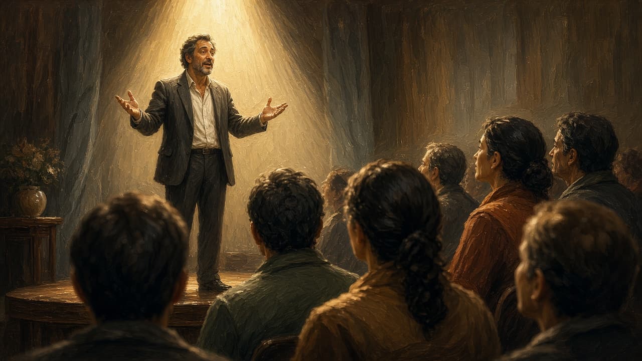 Speaker gesturing clearly to an attentive audience