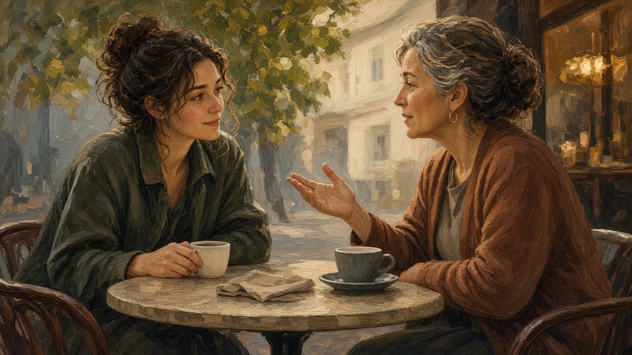 Two people sitting close, one listening intently to the other