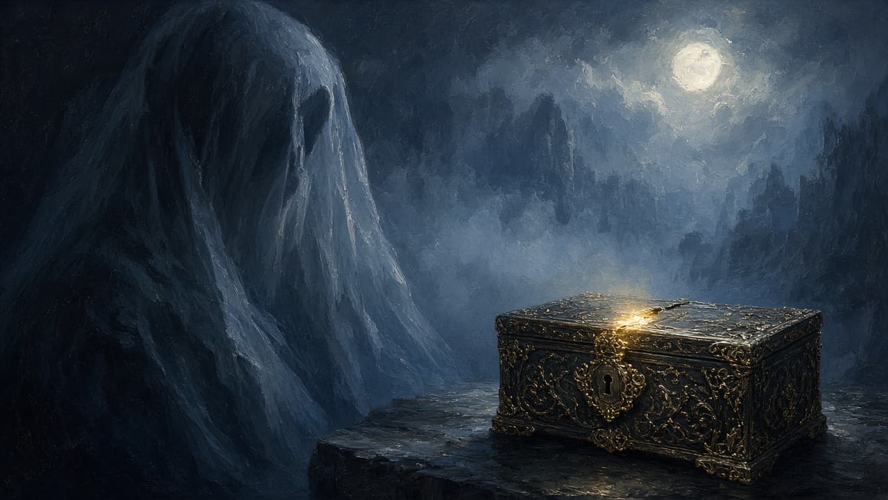 Half-lit figure with a closed puzzle box
