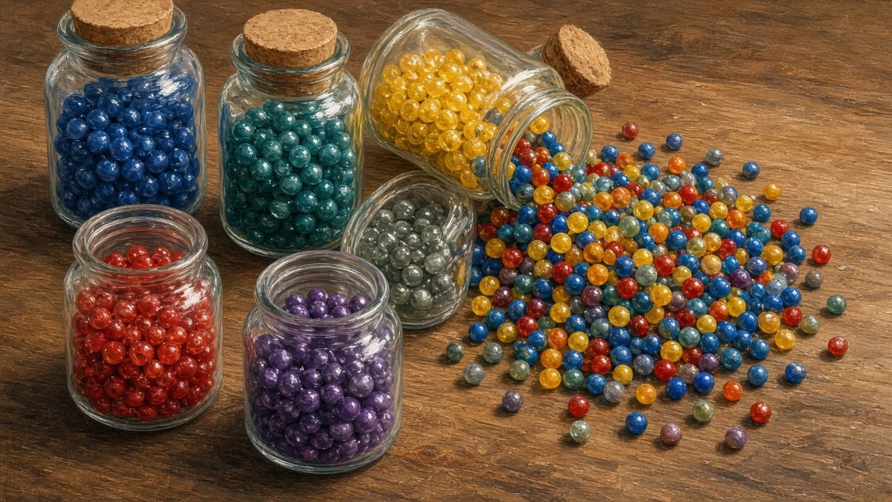 Neatly sorted beads spilling into a mixed jumble