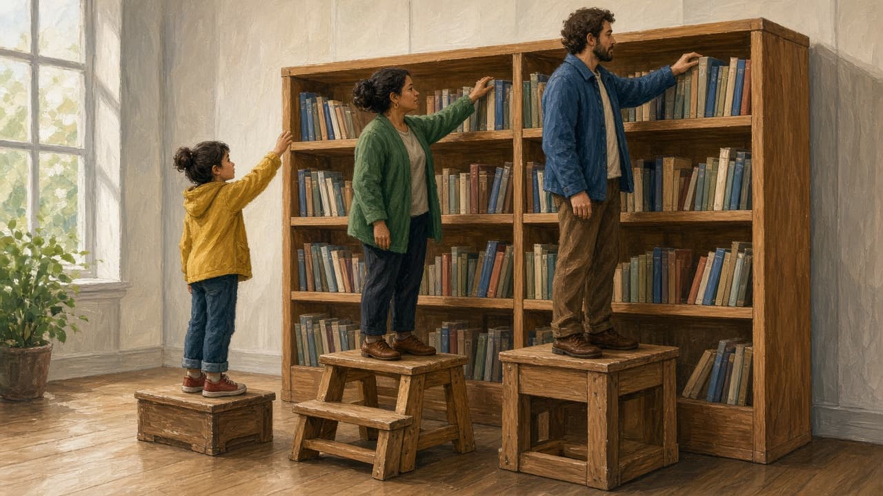 Three people of different heights on stepped platforms reaching the same shelf