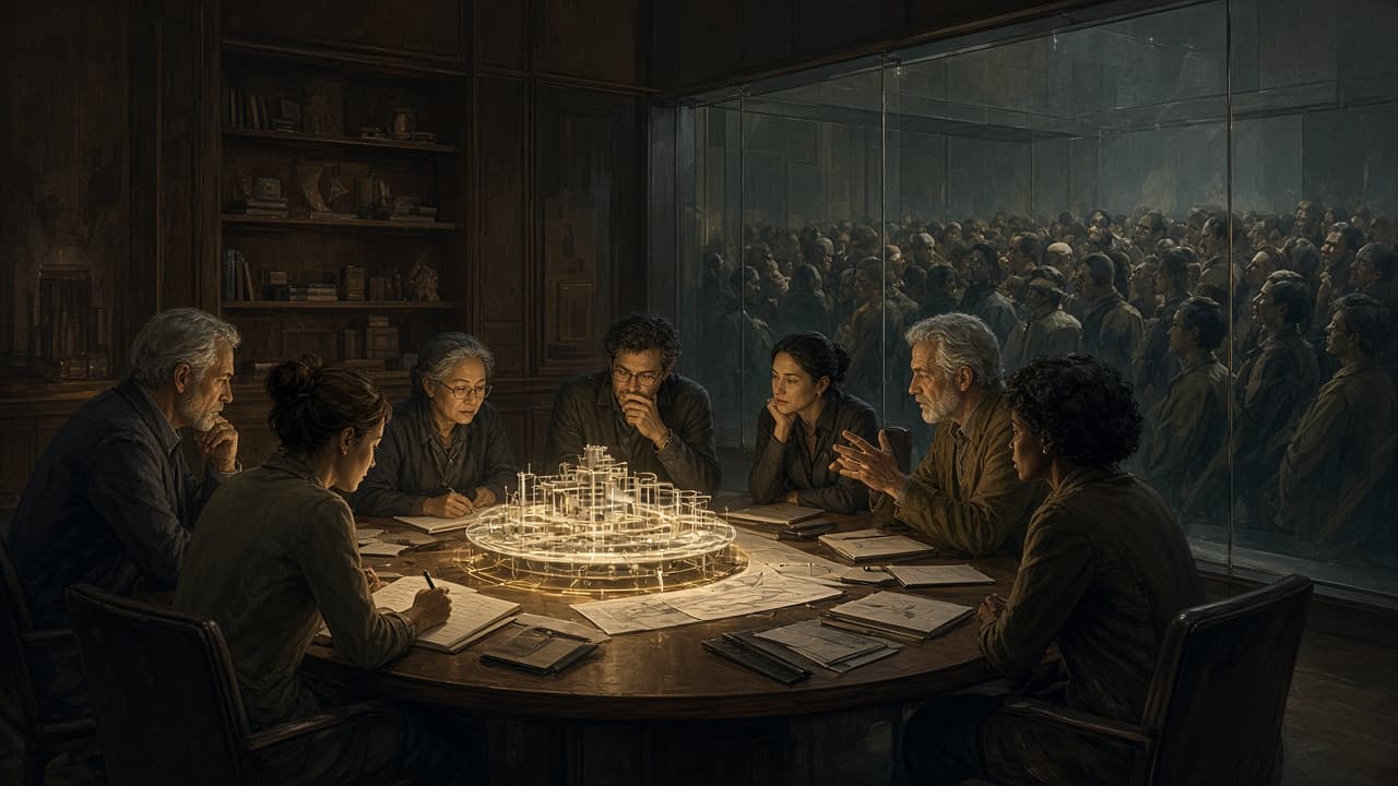 Specialists with a model while outsiders watch through glass