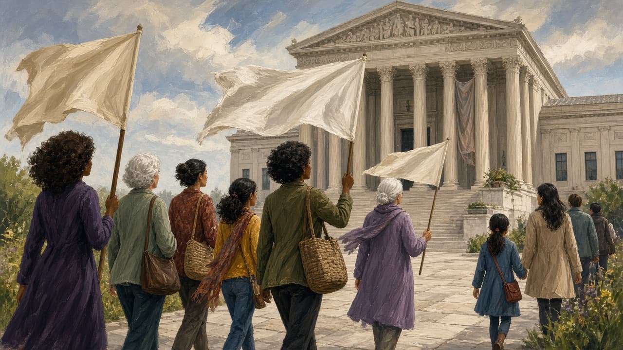 Women marching with blank banners toward a courthouse
