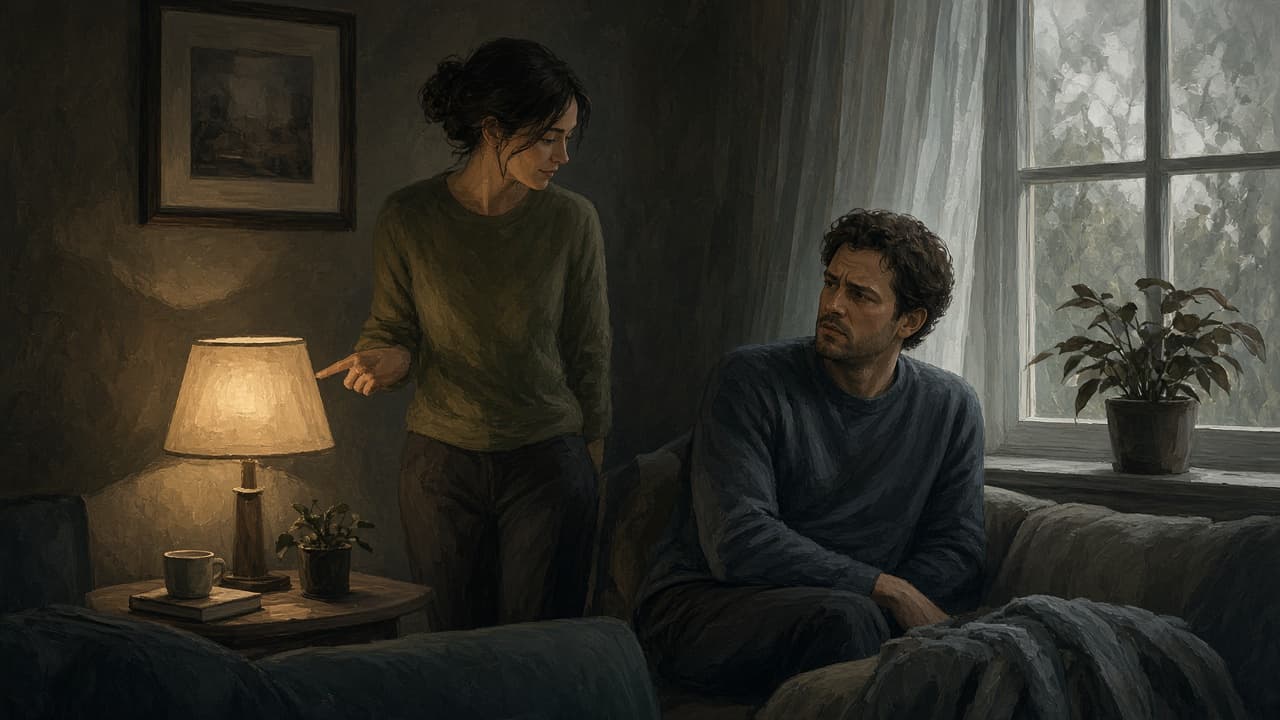 Dimmed lamp while one person insists the room is unchanged
