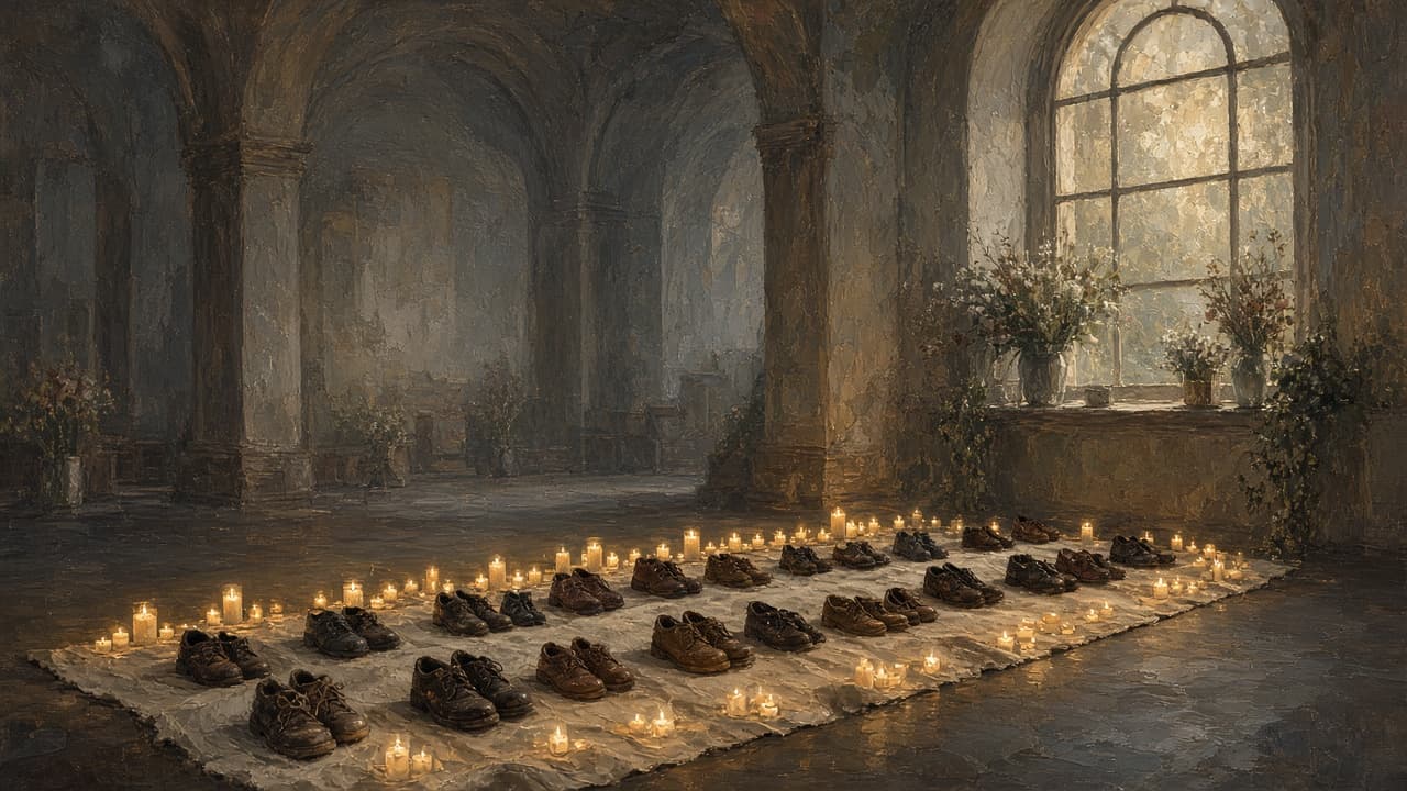 Memorial candles and empty shoes in a quiet remembrance hall